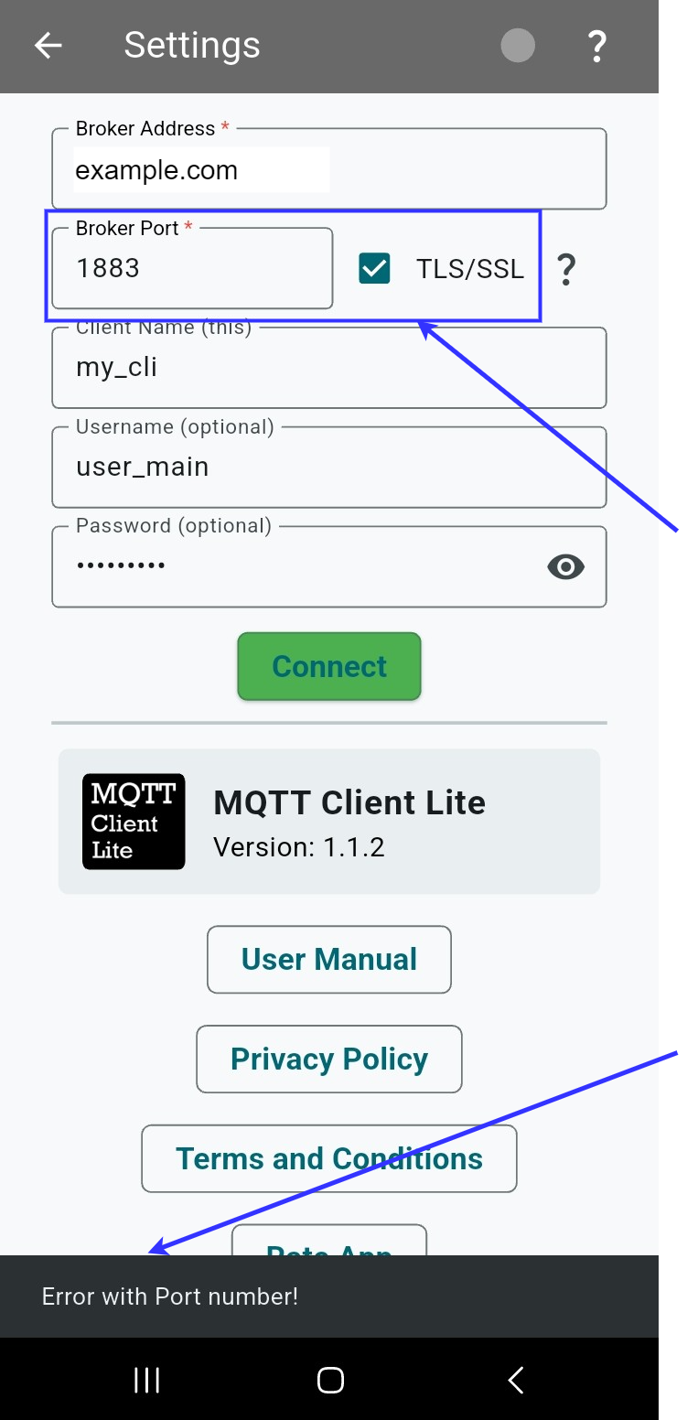 Port 1883 and TLS enabled